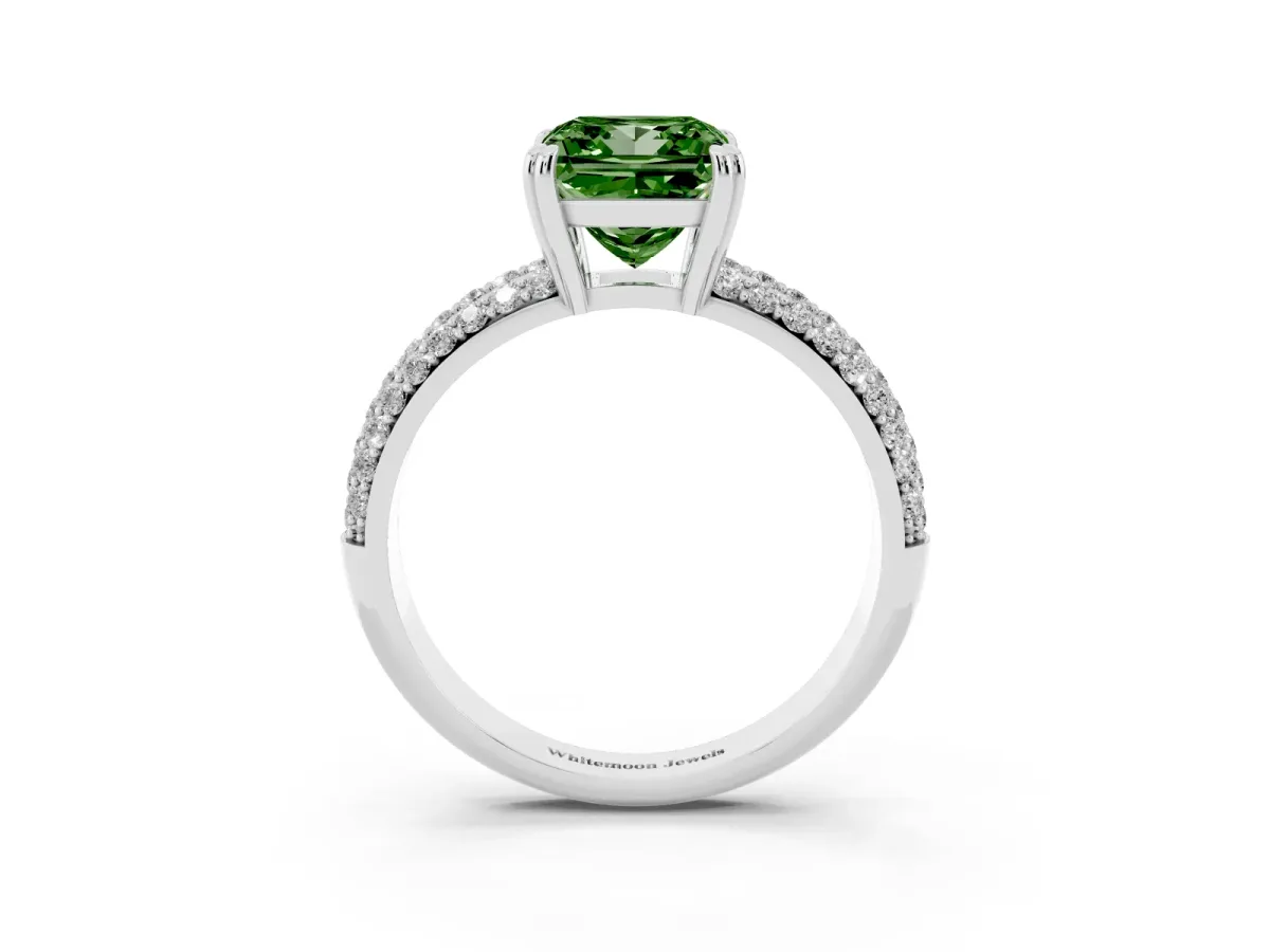 Fancy Green Princess Cut Diamond Solitaire Ring with Multi-Row Round Pavé Band and Prong Setting White gold