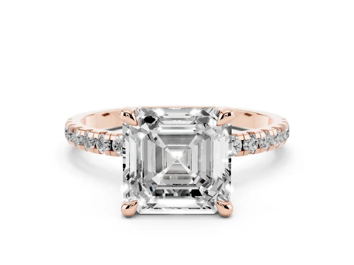 Asscher Cut Diamond Brilliant Solitaire Ring with Pavé Band and Four-Prong Setting Rose gold