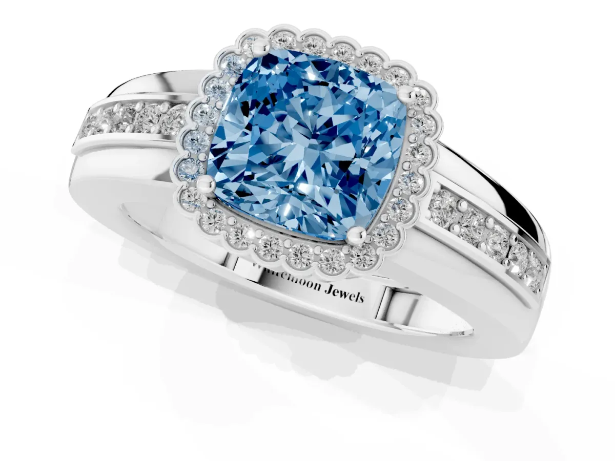 Fancy Blue Cushion Cut Cut Halo Pave Band Four-Prong Ring White gold