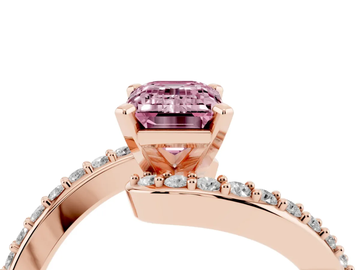 Fancy Pink Emerald Cut Solitaire Twist Band with Pave Set Diamonds and Four-Prong Setting Rose gold