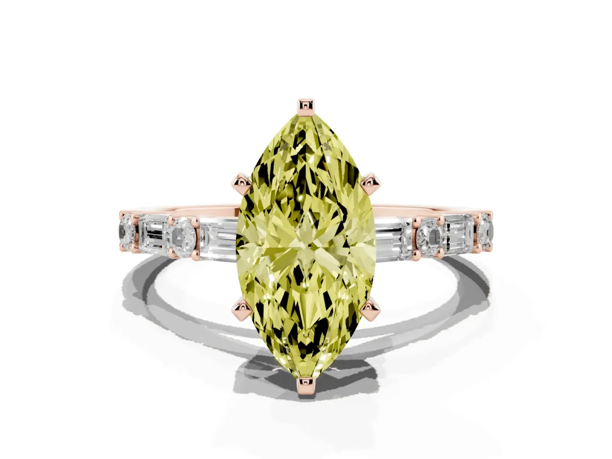 Fancy Yellow Marquise Cut Diamond Solitaire with Side Baguettes and Channel Set Band Rose gold