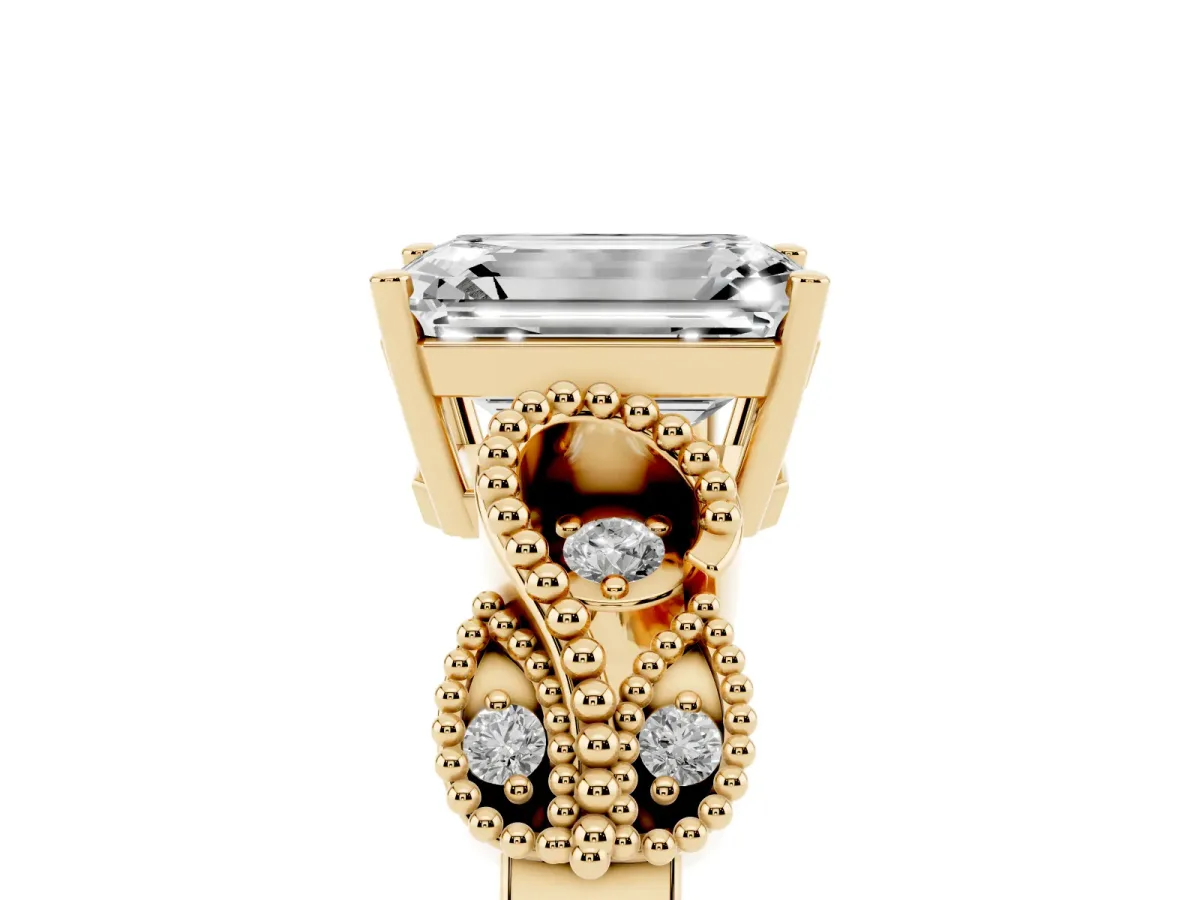 Emerald Cut Solitaire Milgrain Leaf Band with Prong Setting Yellow gold