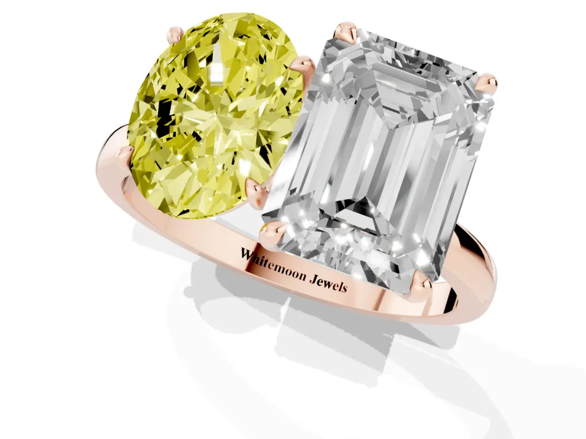 Fancy Yellow Oval Cut and Emerald Cut Toi Moi Ring with Prong Setting Rose gold