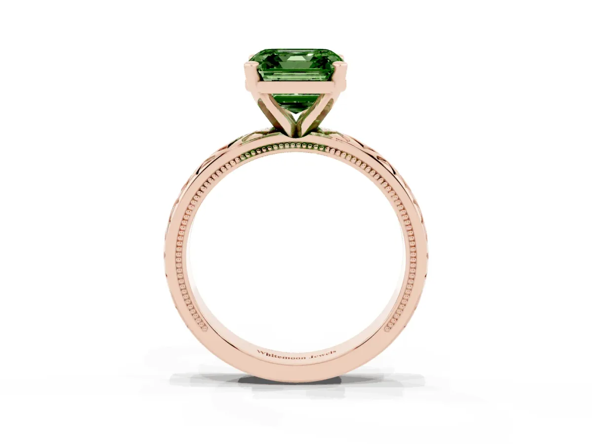 Fancy Green Asscher Cut Solitaire Diamond Ring with Milgrain and Black Enamel X Pattern Band Rose gold