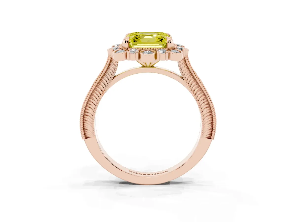 Fancy Yellow Asscher Cut Halo Milgrain Pave Diamond Ring with Four-Prong Setting Rose gold
