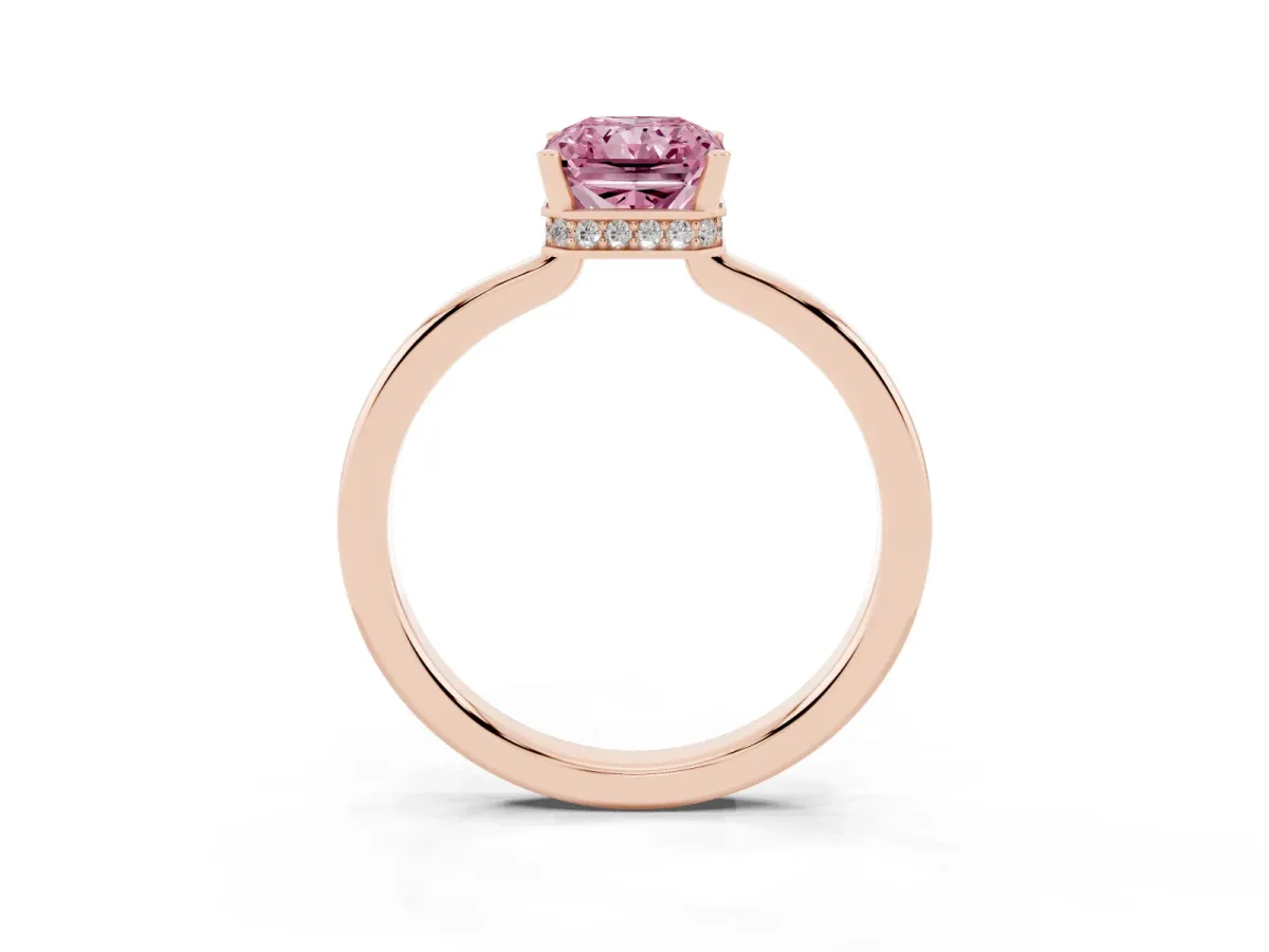 Fancy Pink Radiant Cut Cut Solitaire Engagement Ring with Four-Prong Setting on a Classic Band Rose gold