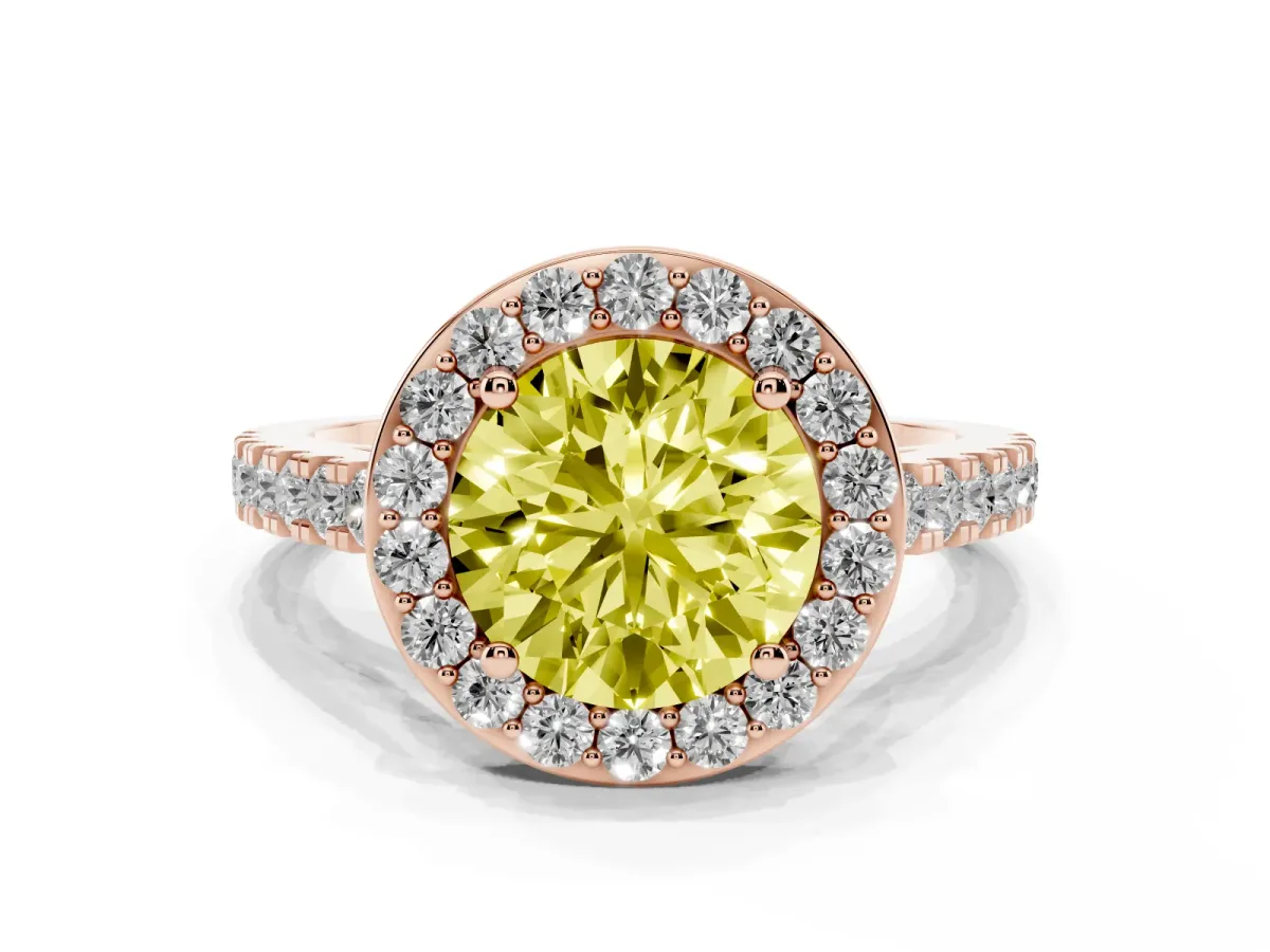 Fancy Yellow Round Cut Diamond Halo Ring with Round Pavé Split Shank and Prong Setting Rose gold