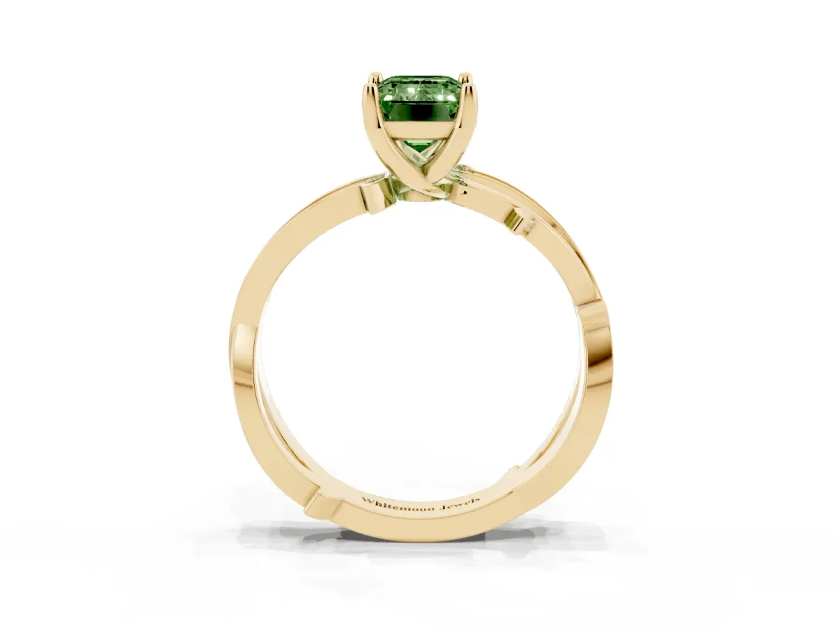 Fancy Green Emerald Cut Solitaire Twist Band with Pavé Accents and Four-Prong Setting Yellow gold