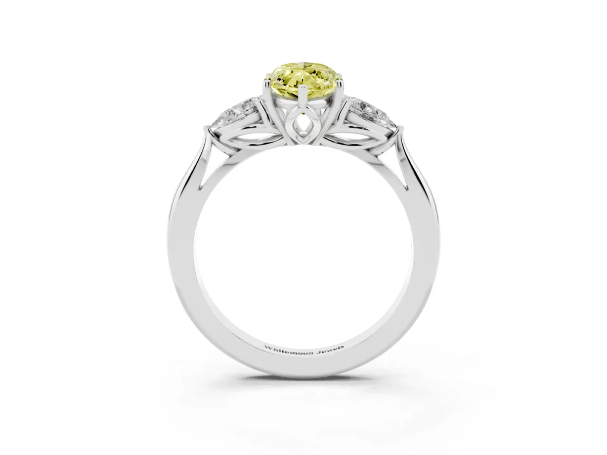 Fancy Yellow Three-Stone Marquise Cut Brilliant Diamond Solitaire Ring with Tapered Band and Four-Prong Setting White gold
