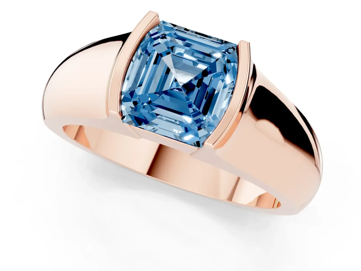 Fancy Blue Asscher Cut Solitaire Bezel Set Diamond Ring with Wide Band Rose gold