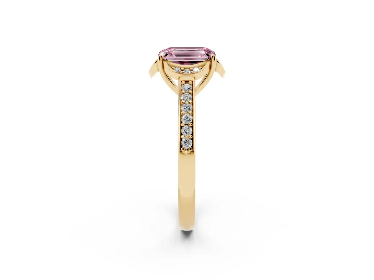 Fancy Pink Emerald Cut Cut Halo Diamond Ring with Channel Set Band and Four-Prong Setting Yellow gold