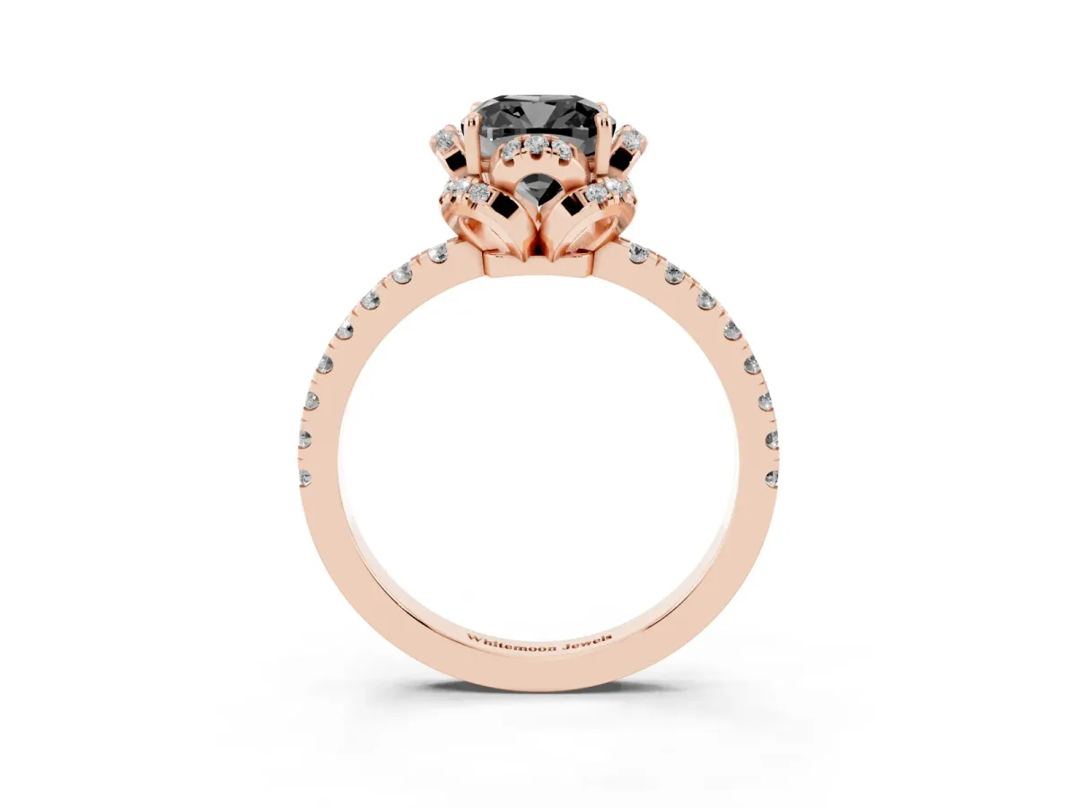 Fancy Black Cushion Cut Diamond Halo Pave Band with Four-Prong Setting Rose gold
