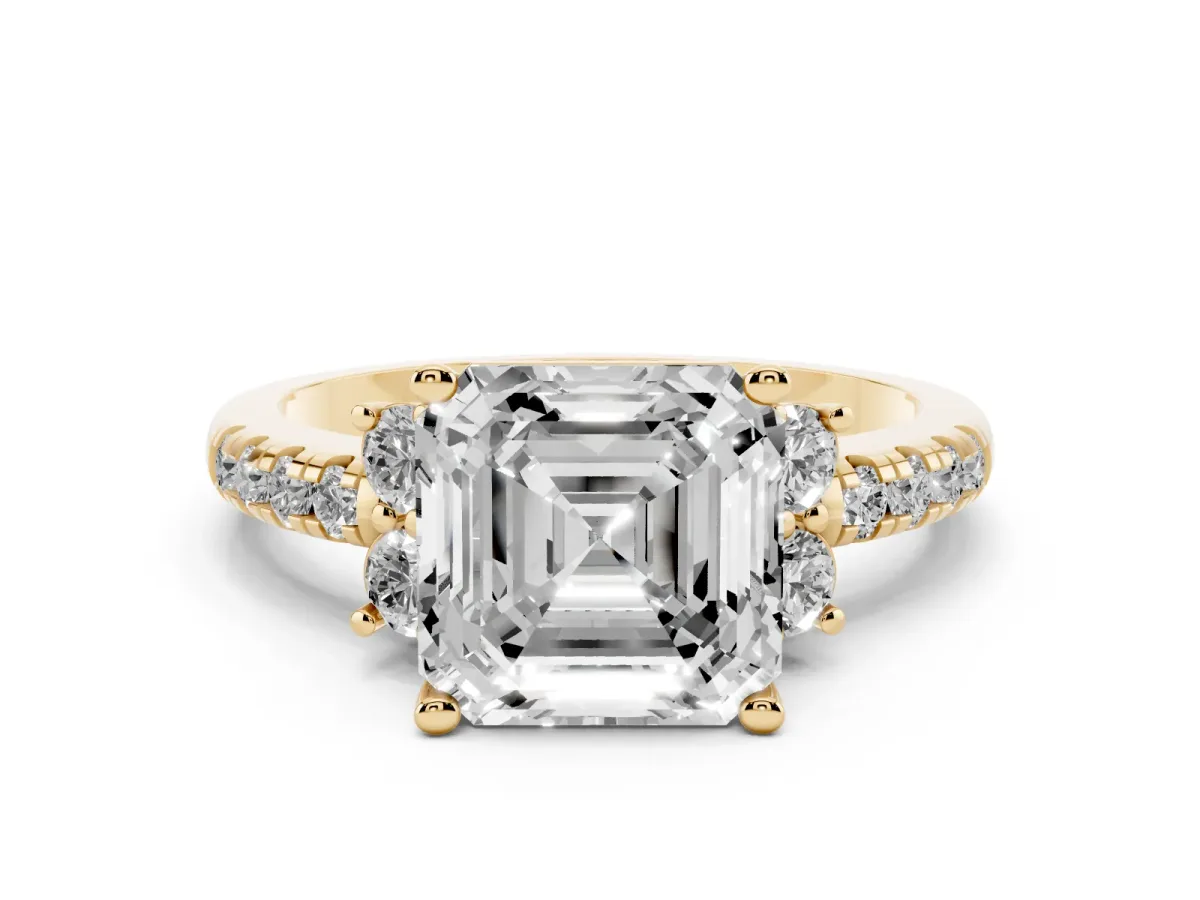 Asscher Cut Diamond Three-Stone Pave Band with Four-Prong Setting Yellow gold