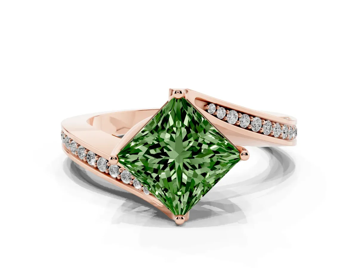 Fancy Green Princess Cut Solitaire Diamond Twist Band with Pavé Setting and Four-Prong Setting Rose gold