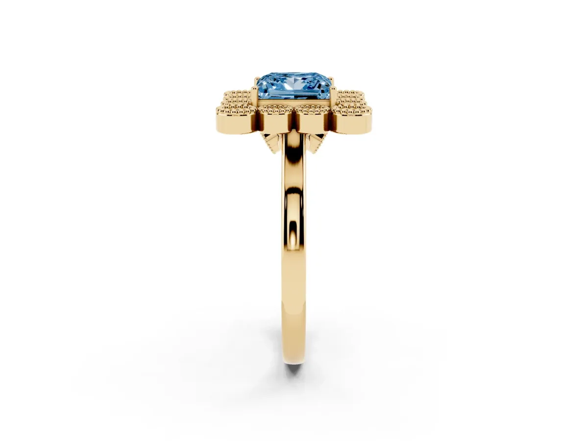 Fancy Blue Princess Cut Halo Diamond Cluster Engagement Ring with Milgrain Bezel Setting and Solitaire Band Yellow gold
