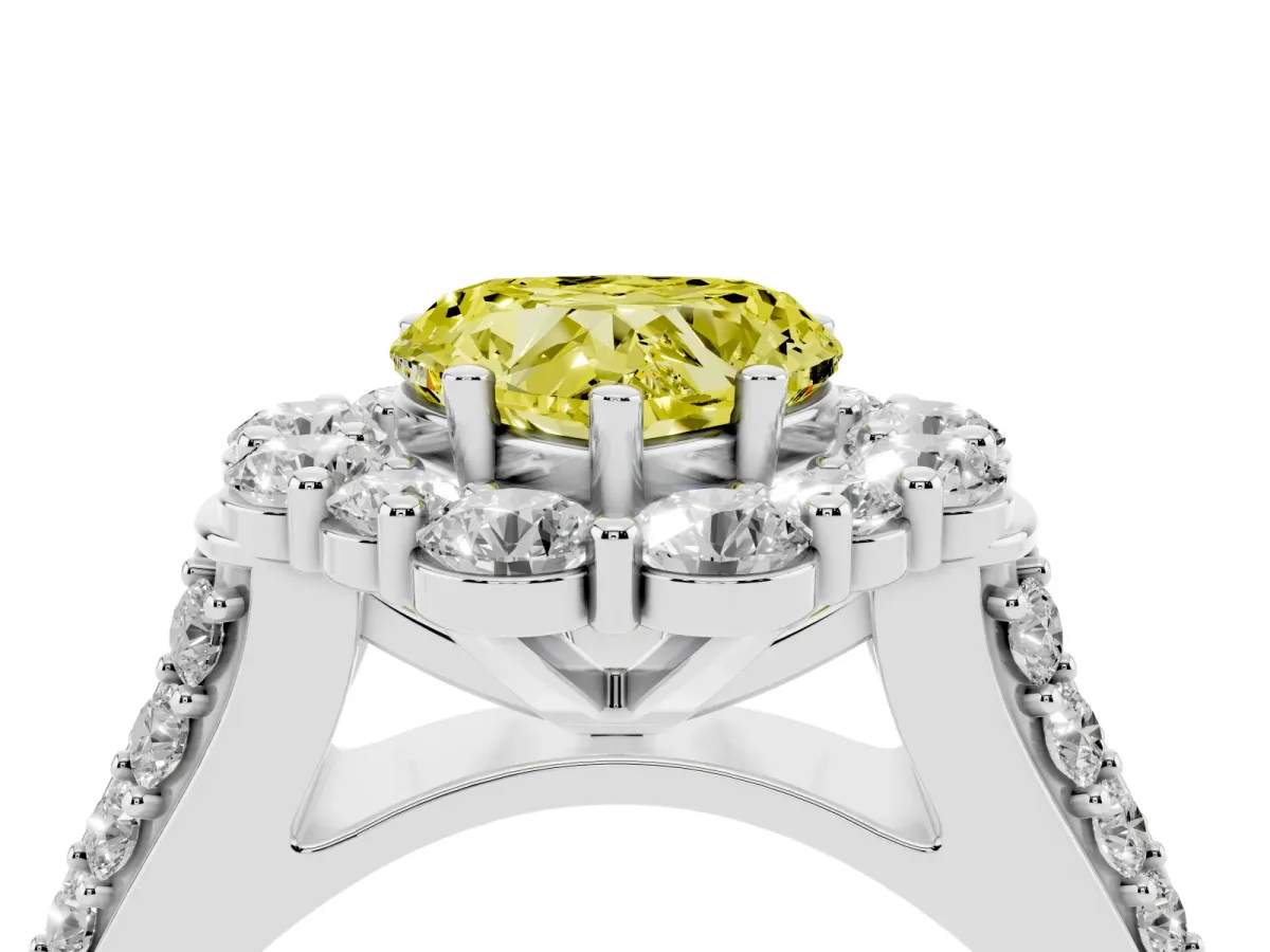 Fancy Yellow Heart Cut Halo Diamond Engagement Ring with Split Shank and Prong Setting Silver