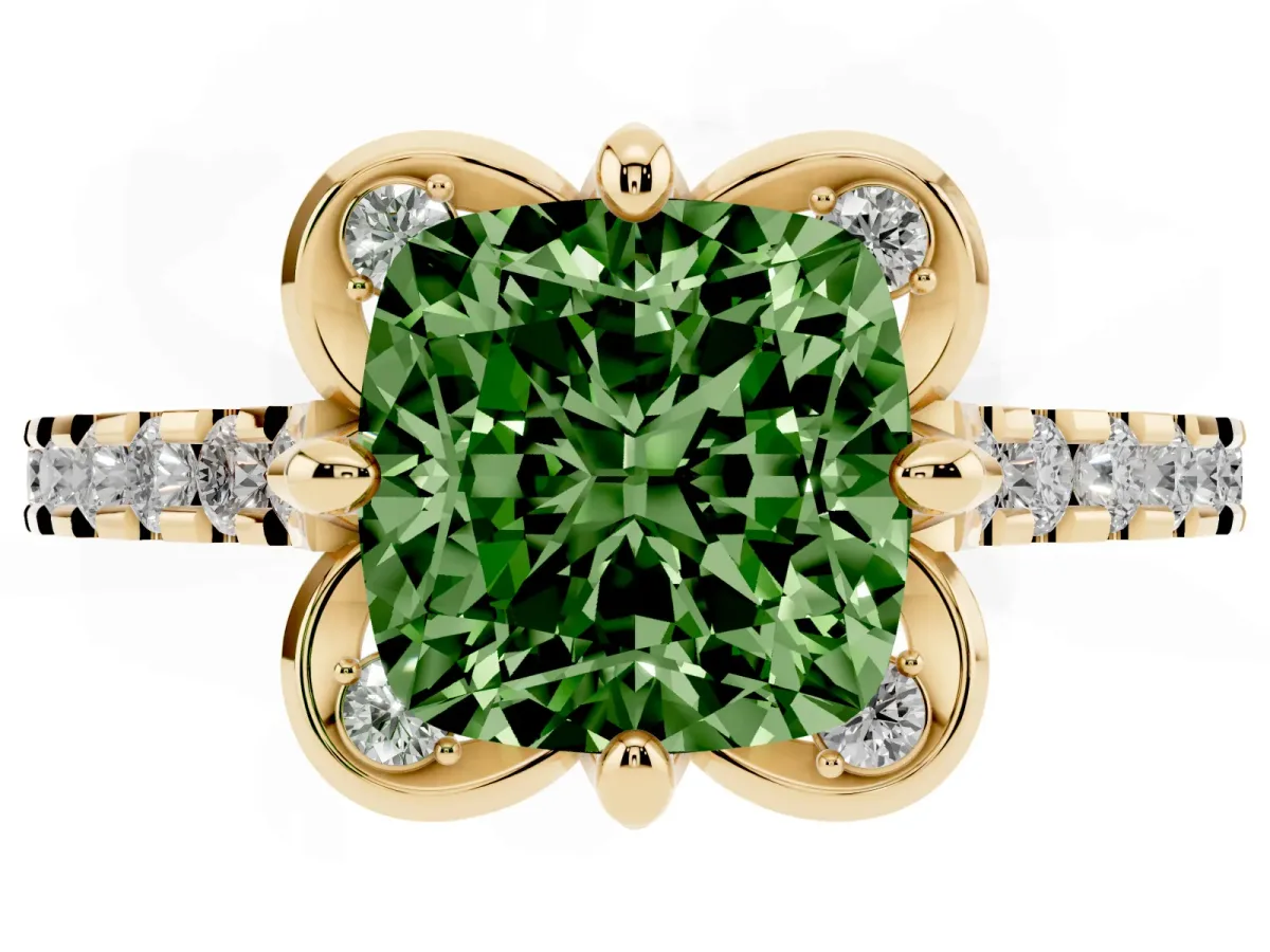 Fancy Green Cushion Cut Diamond Ring with Pavé Band and Floral Prong Setting Yellow gold