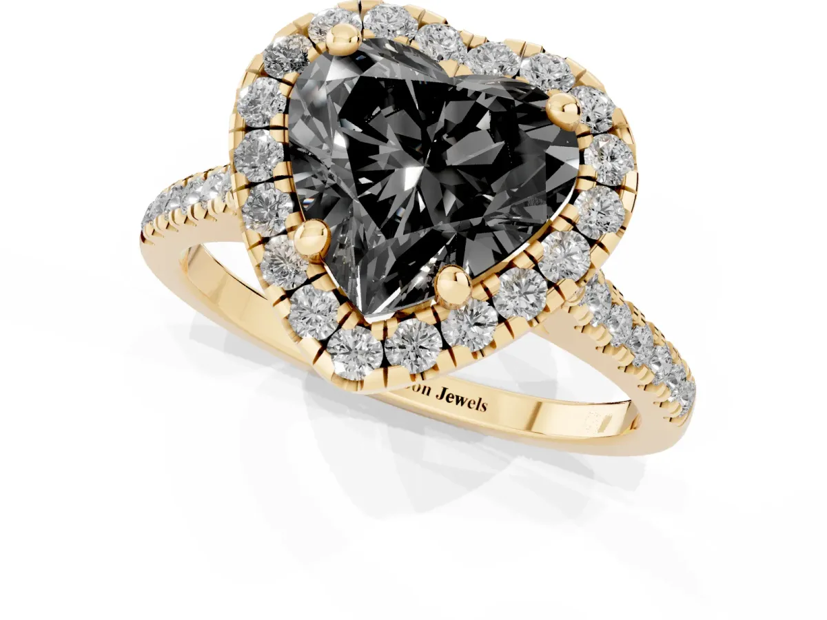 Fancy Black Heart Cut Diamond Cushion Halo Ring with Pavé Band Yellow gold