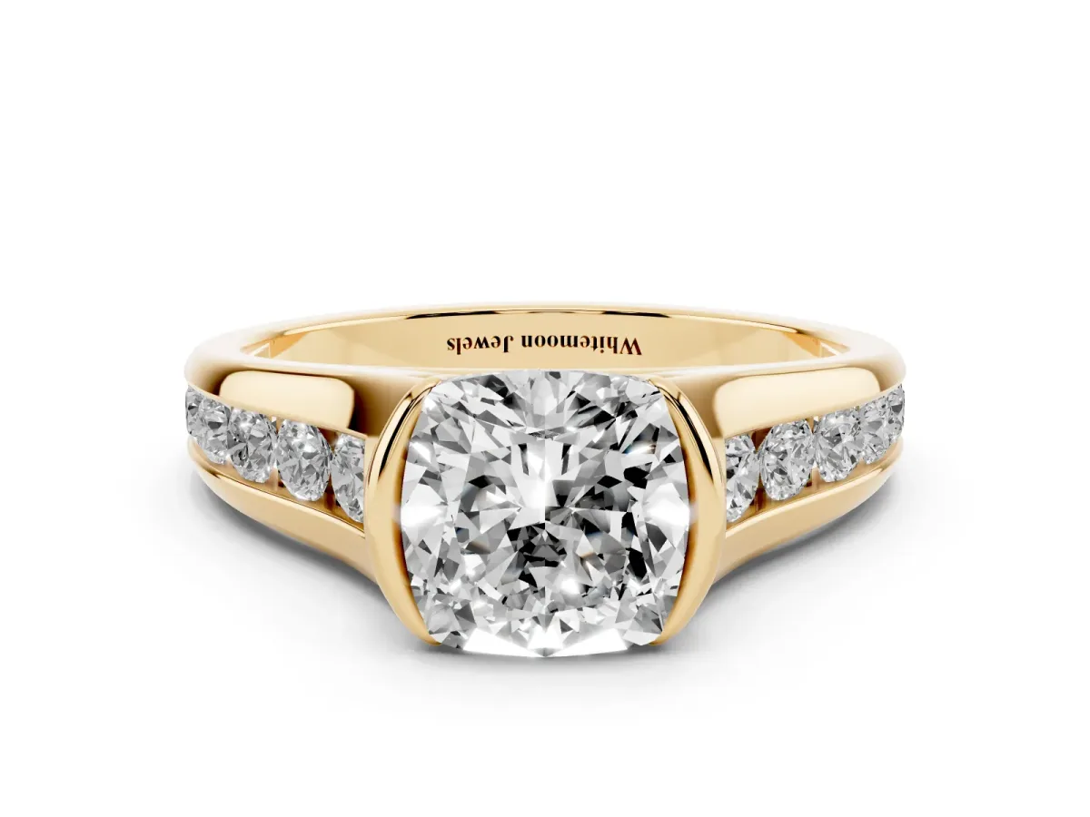 Cushion Cut Solitaire Bezel-Set Diamond Ring with Channel-Set Band Yellow gold