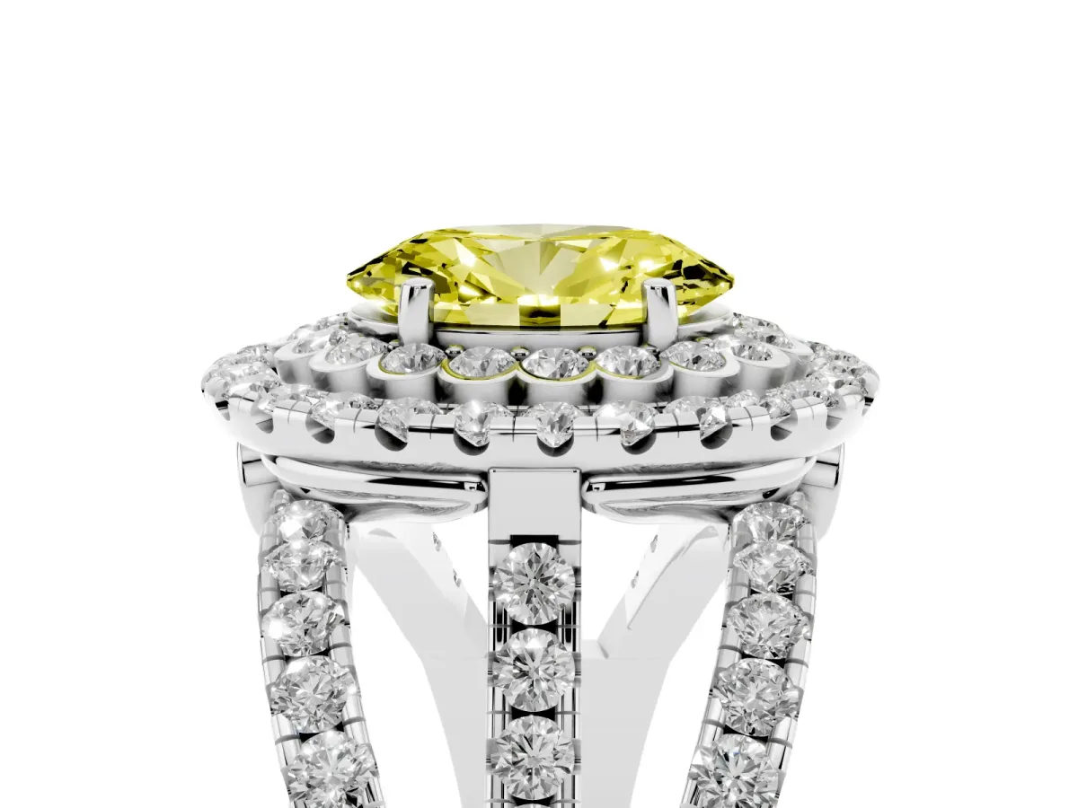 Fancy Yellow Oval Cut Diamond Double Halo Ring with Round Pavé Split Shank and Prong Setting Silver