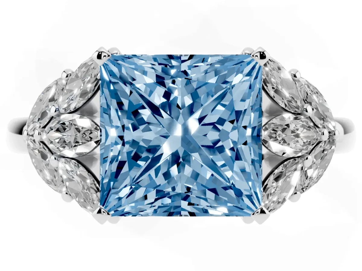 Fancy Blue Princess Cut Diamond Cluster Leaf Design Ring with Prong Setting Silver
