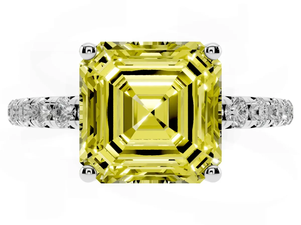 Fancy Yellow Asscher Cut Cut Diamond Solitaire Ring with Micro Pave Band and Four Prong Setting Platinum
