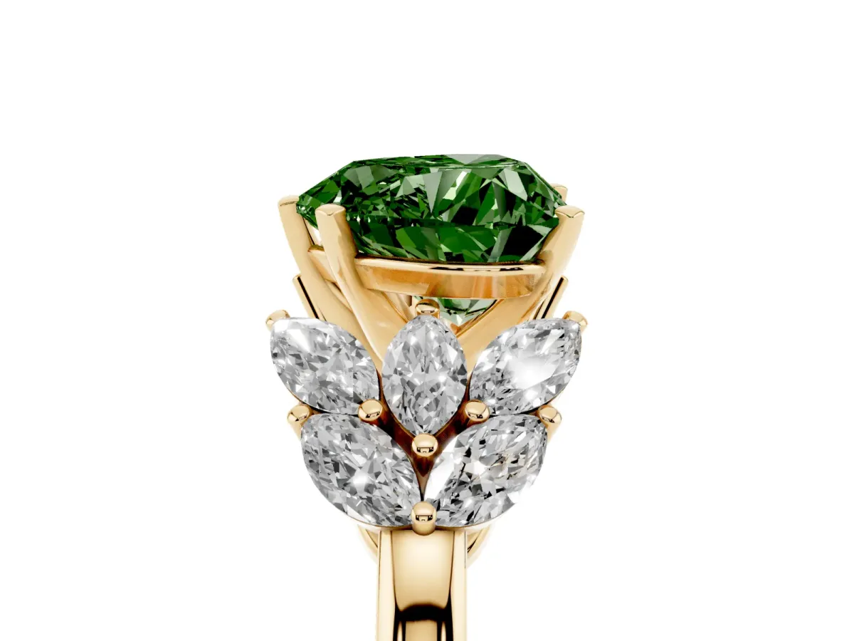 Fancy Green Heart Cut Diamond Cluster Leaf Design Ring with Prong Setting Yellow gold