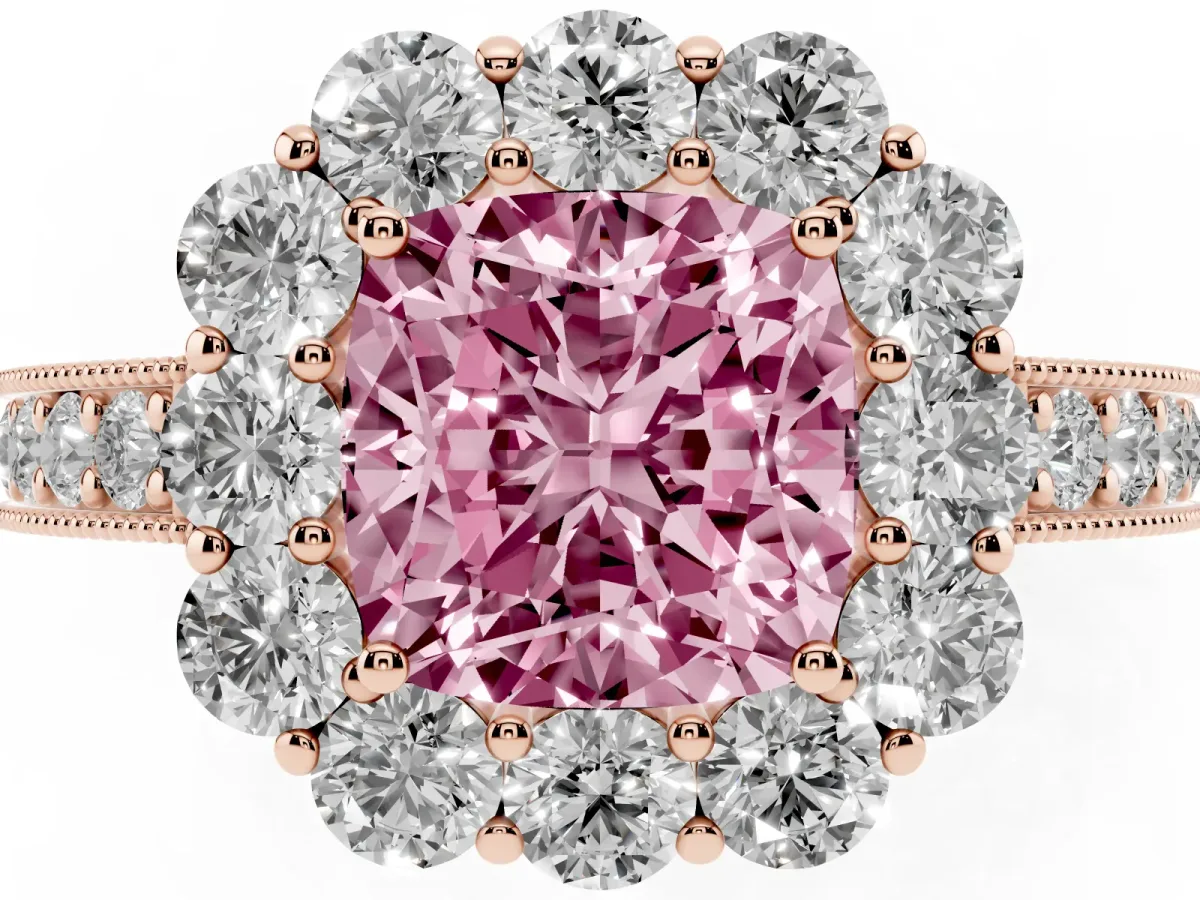 Fancy Pink Cushion Cut Cut Halo Diamond Pavé Engagement Ring with Milgrain Detailing Rose gold