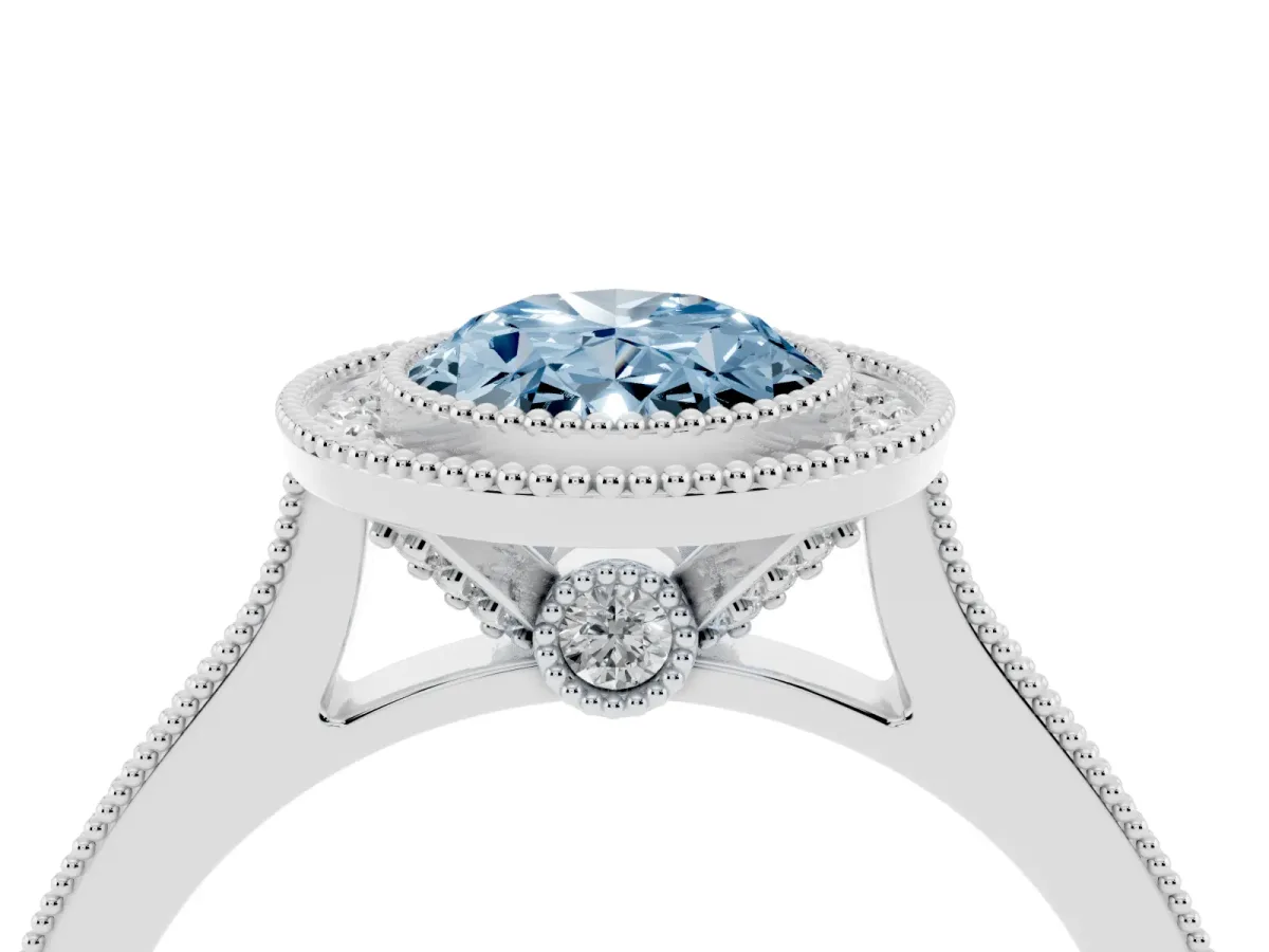 Fancy Blue Halo Oval Cut-Cut Diamond Pave Band Milgrain Prong Setting Ring Silver