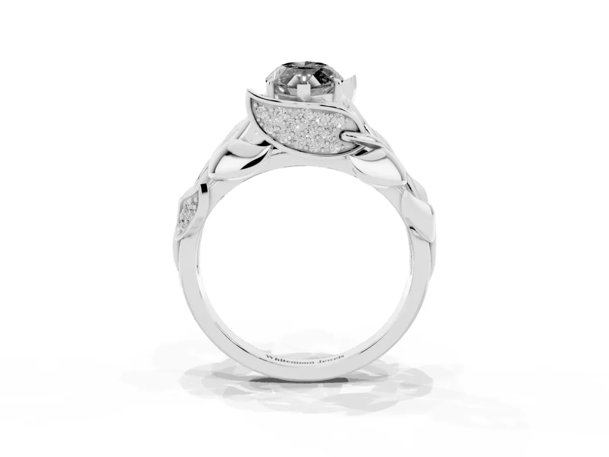Fancy Black Marquise Cut Diamond Leaf-Inspired Engagement Ring with Round Accents and Prong Setting Silver