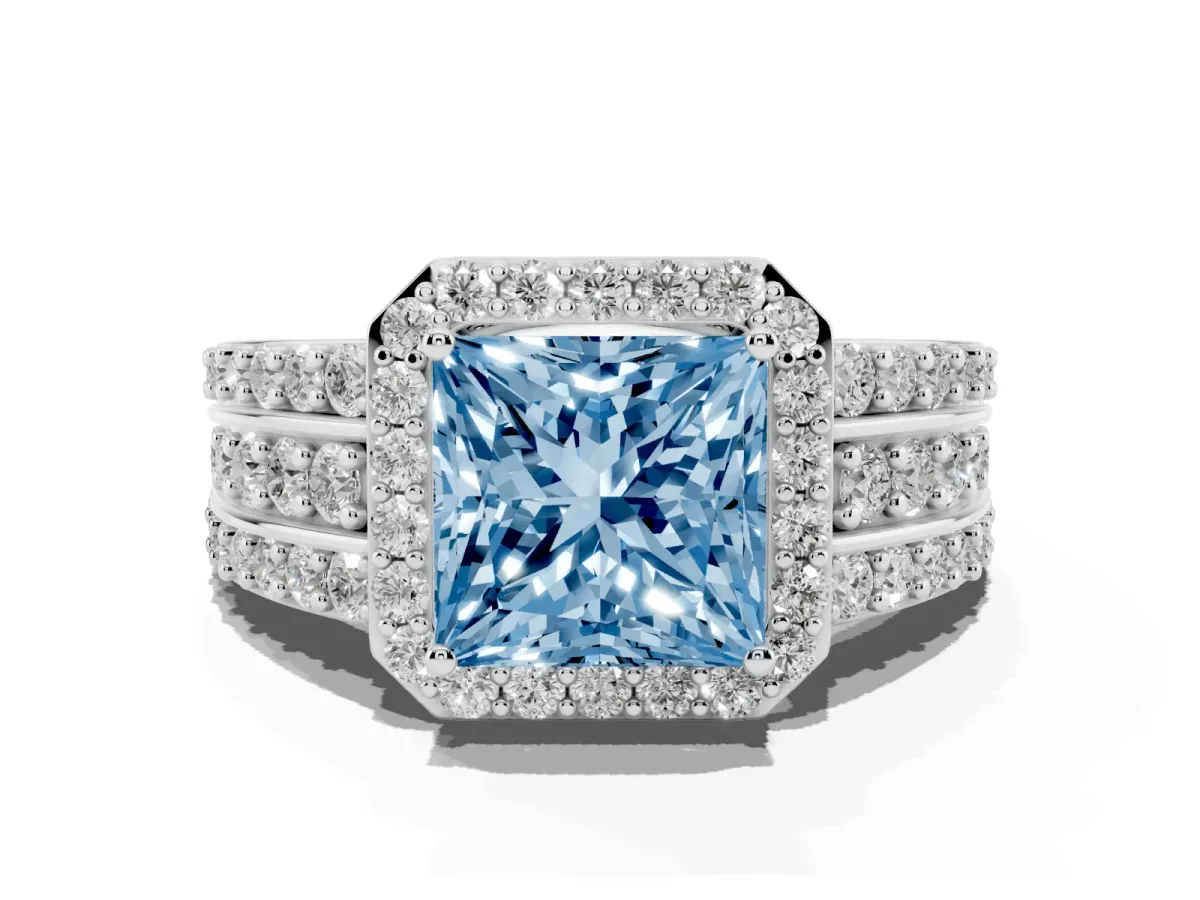 Fancy Blue Princess Cut Halo Diamond Ring with Round Split Shank and Prong Setting Silver