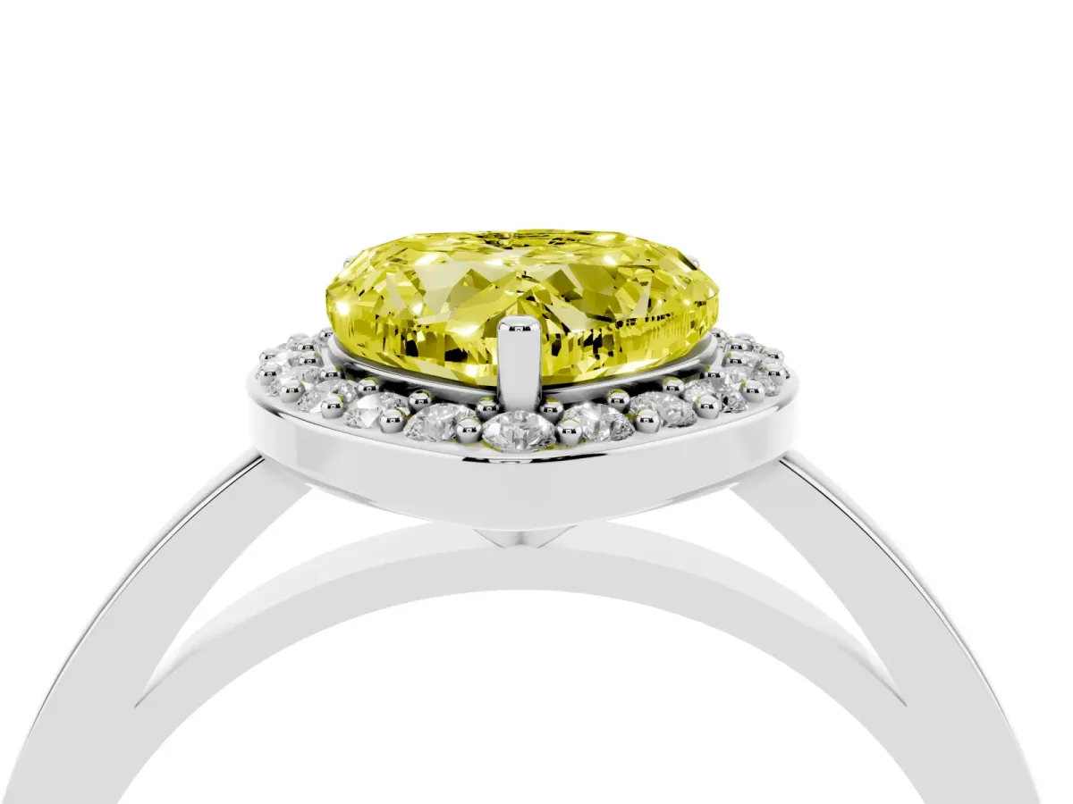 Fancy Yellow Heart Cut Halo Diamond Ring with Solitaire Band and Prong Setting Silver