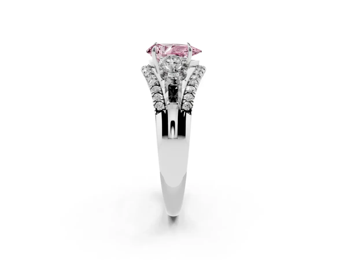 Fancy Pink Three-Stone Pear Cut Diamond Engagement Ring with Pave Band and Prong Setting Silver