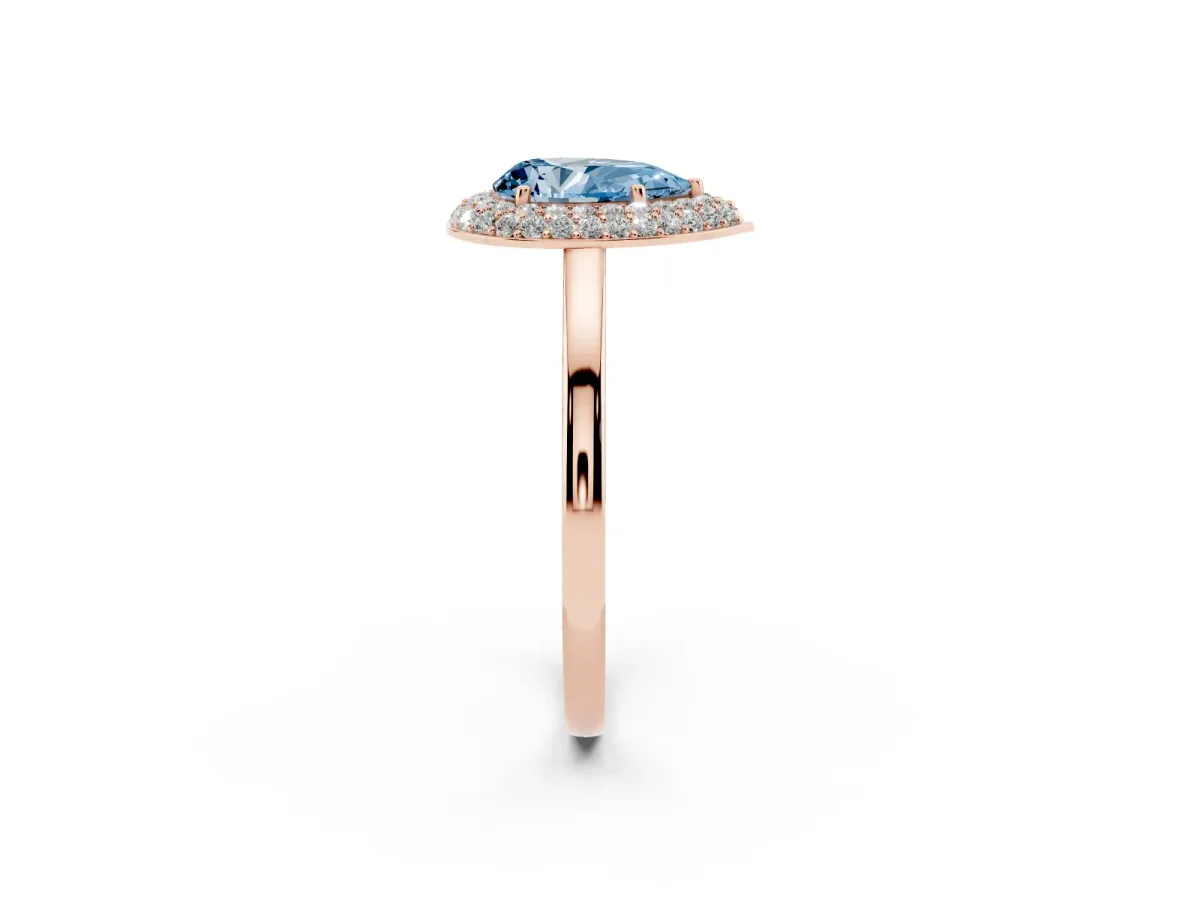 Fancy Blue Pear Cut Halo Diamond Engagement Ring with Solitaire Band and Four-Prong Setting Rose gold