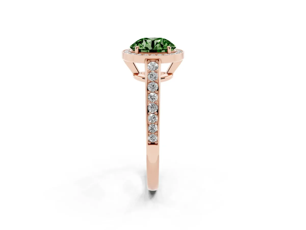 Fancy Green Round Cut Halo Pavé Diamond Engagement Ring with Bezel Setting Rose gold