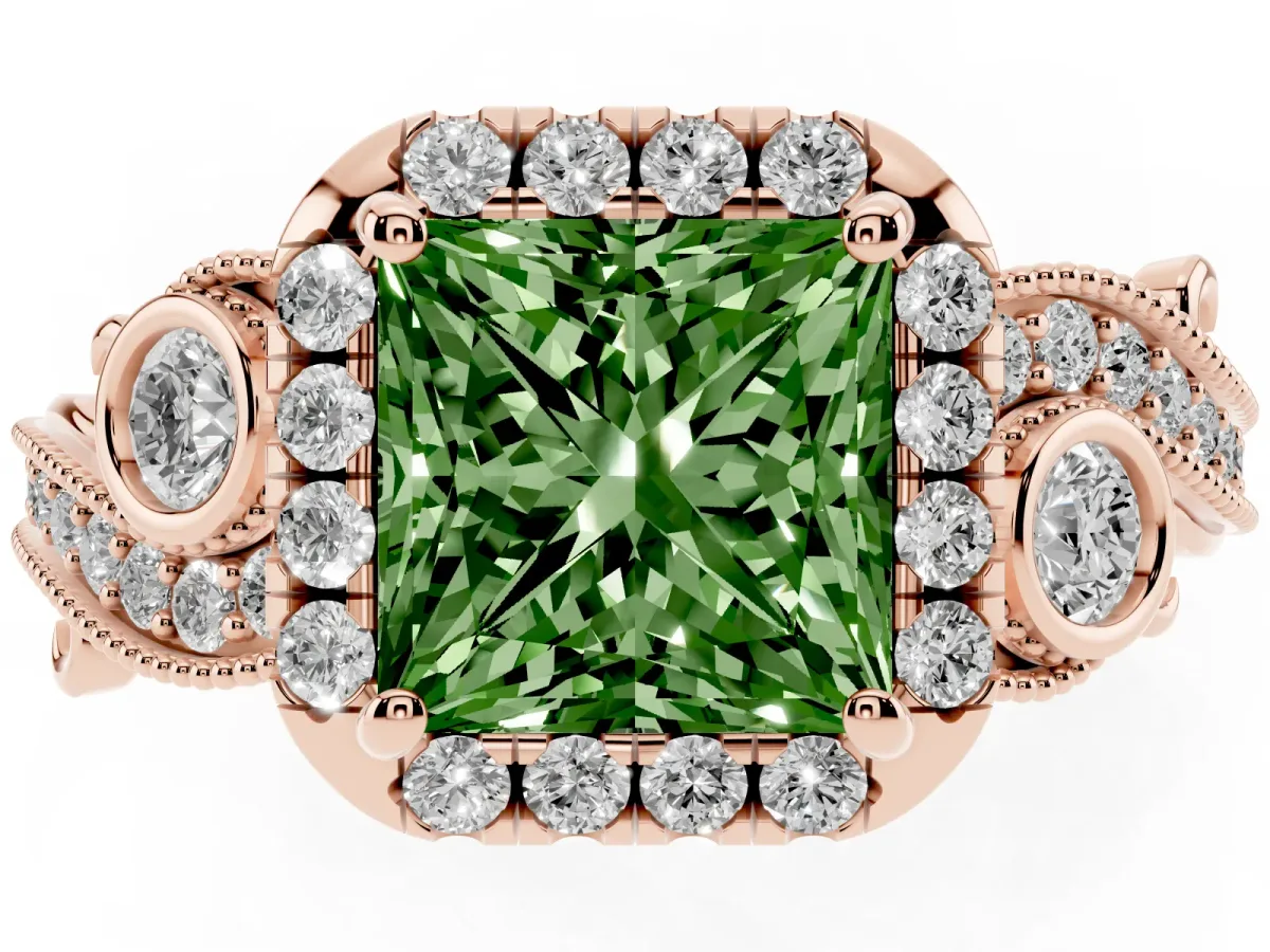 Fancy Green Princess Cut Diamond Halo Ring with Milgrain Pavé Band and Four-Prong Setting Rose gold