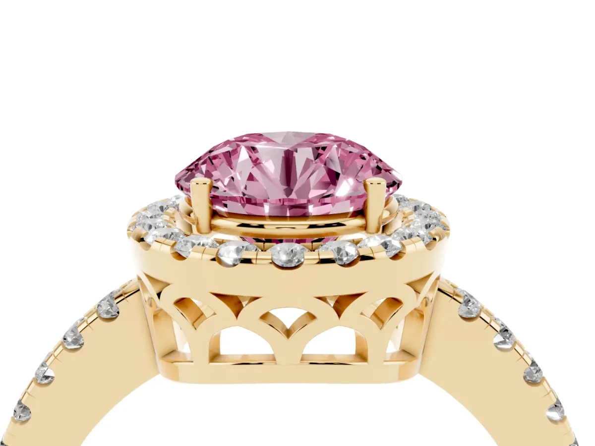 Fancy Pink Round Cut Halo Diamond Engagement Ring with Pavé Band and Four-Prong Setting Yellow gold