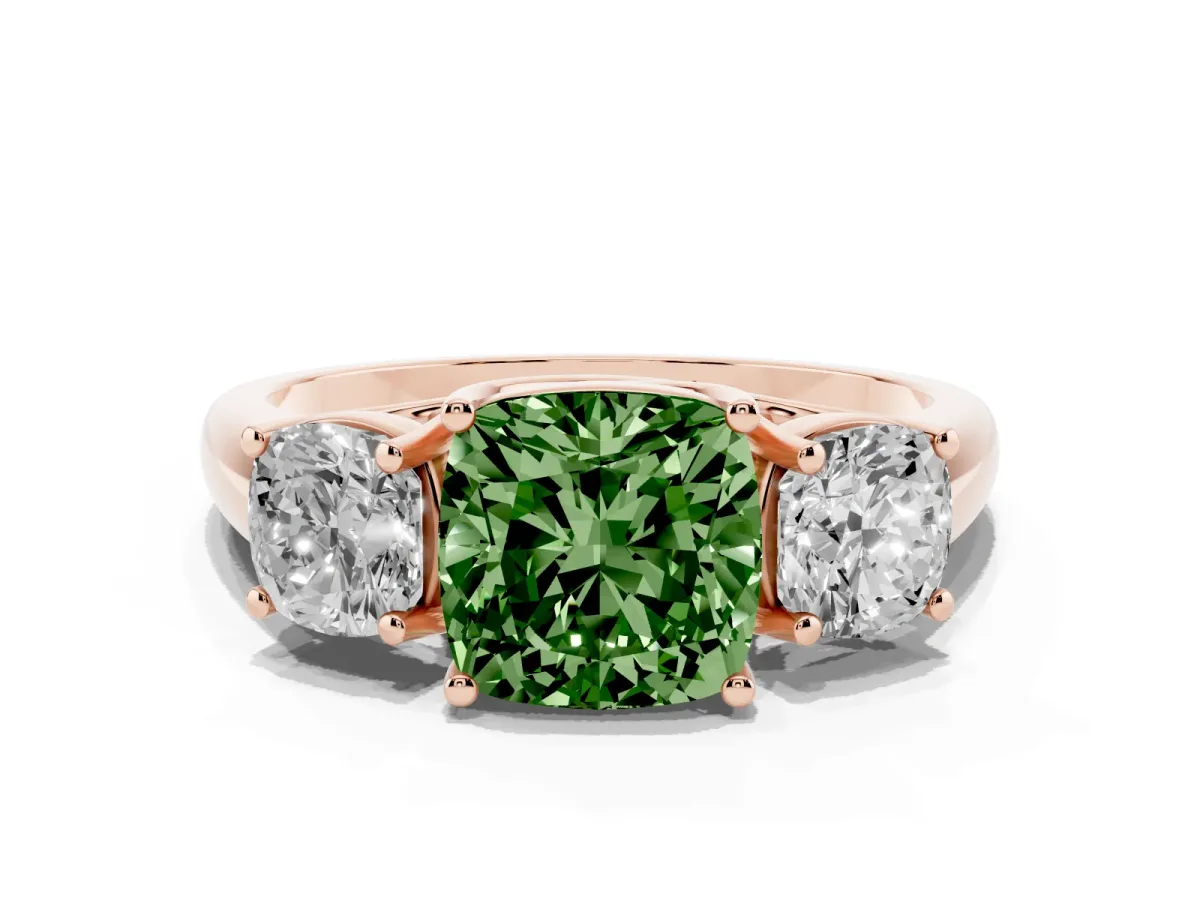 Fancy Green Three-Stone Cushion Cut Diamond Engagement Ring with Prong Setting Rose gold