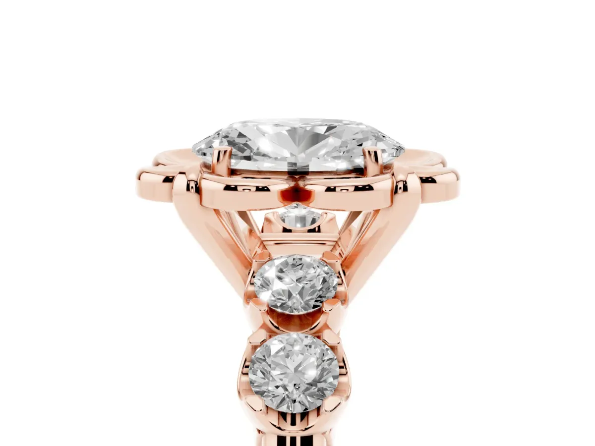 Oval Cut Cut Diamond Floral Halo Engagement Ring with Shared Prong Setting Rose gold