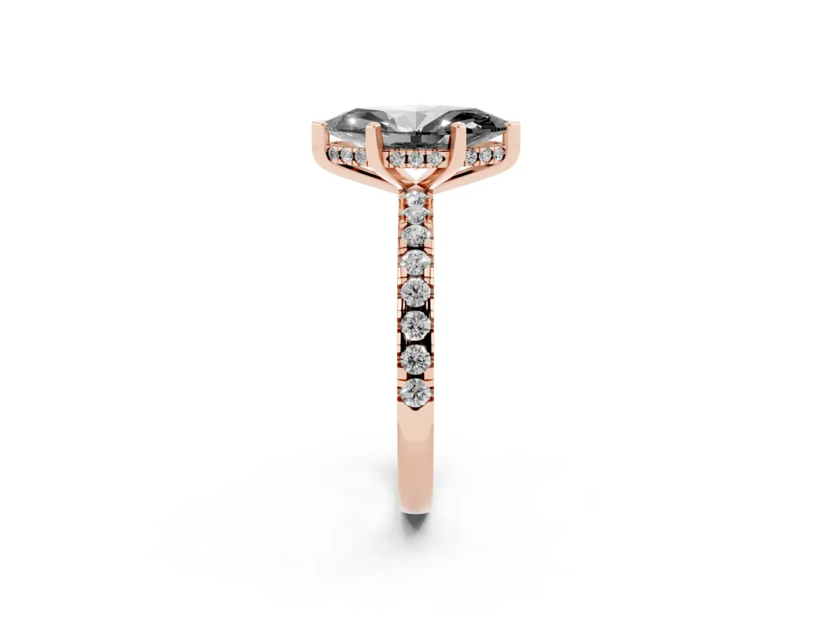 Fancy Black Marquise Cut Diamond Solitaire Ring with Round Pavé Band and Four-Prong Setting Rose gold