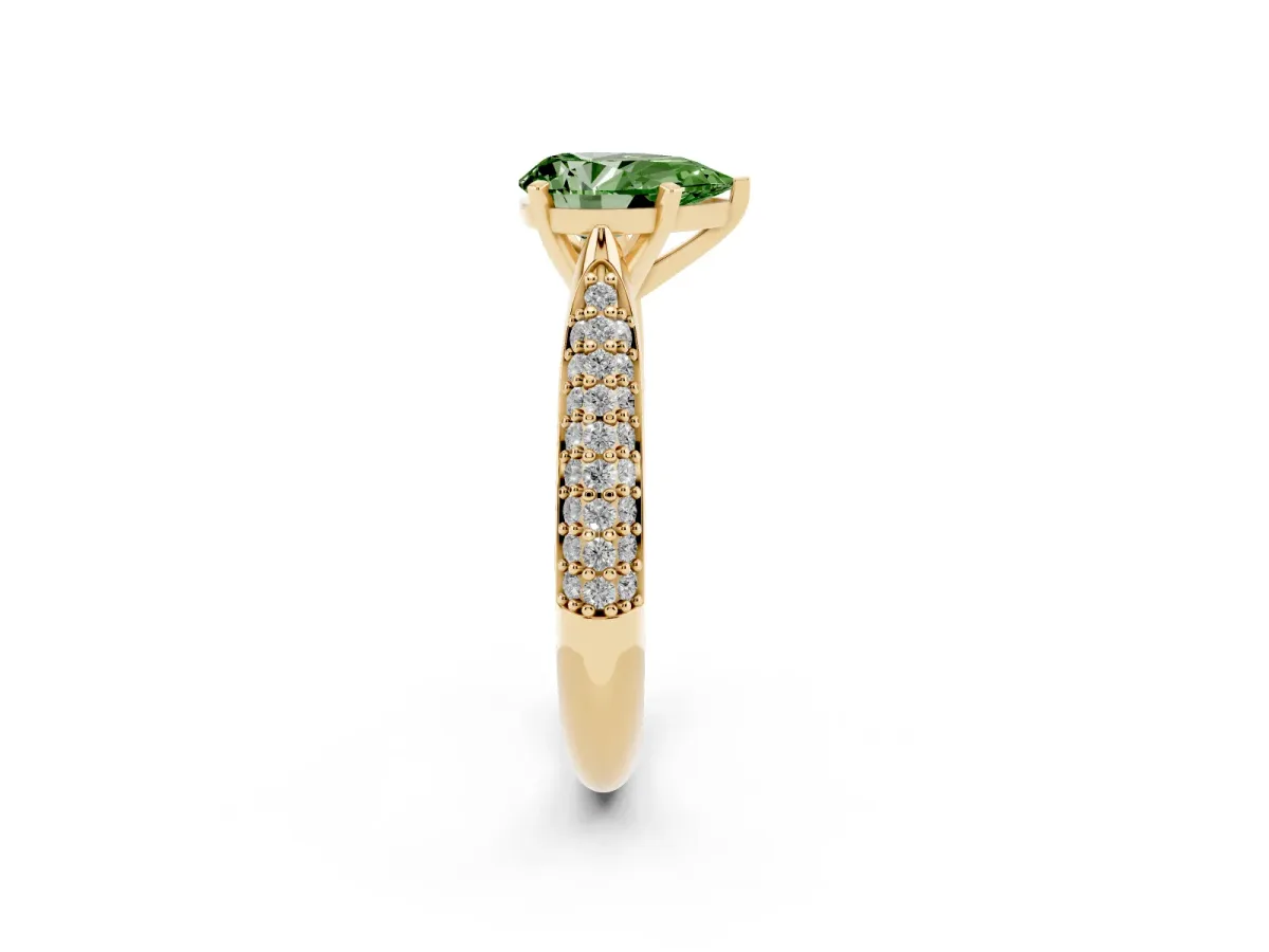 Fancy Green Pear Cut Diamond Solitaire Engagement Ring with Multi-Row Round Pavé Band and Prong Setting Yellow gold