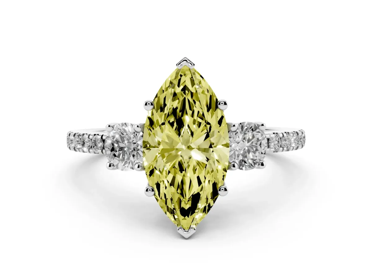 Fancy Yellow Three-Stone Marquise Cut Cut Diamond Pavé Band with Prong Setting Silver