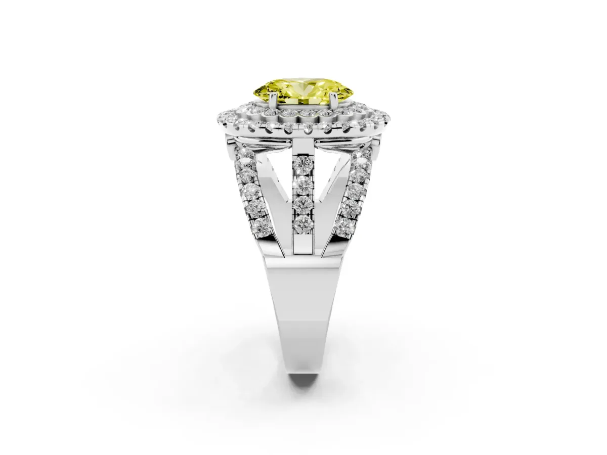 Fancy Yellow Oval Cut Diamond Double Halo Ring with Round Pavé Split Shank and Prong Setting Silver