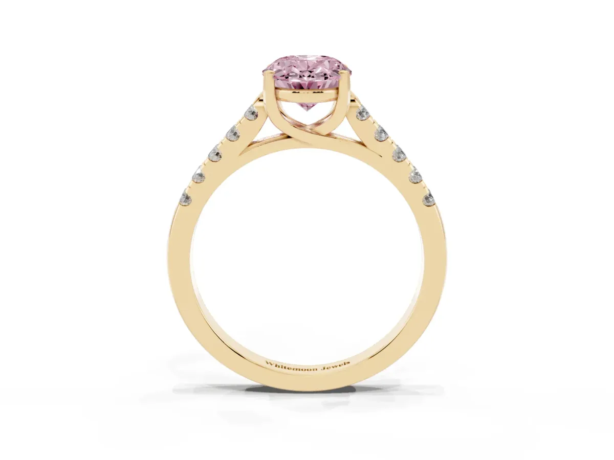 Fancy Pink Oval Cut Diamond Pavé Band Solitaire Ring with Prong Setting Yellow gold