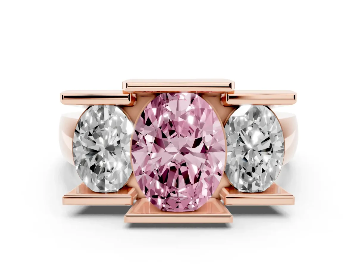 Fancy Pink Three Stone Oval Cut Cut Channel Set Diamond Ring Rose gold