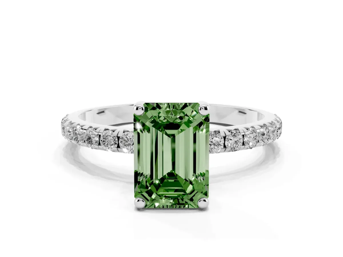 Fancy Green Emerald Cut Cut Diamond Solitaire Ring with Micro Pave Band and Four Prong Setting Silver