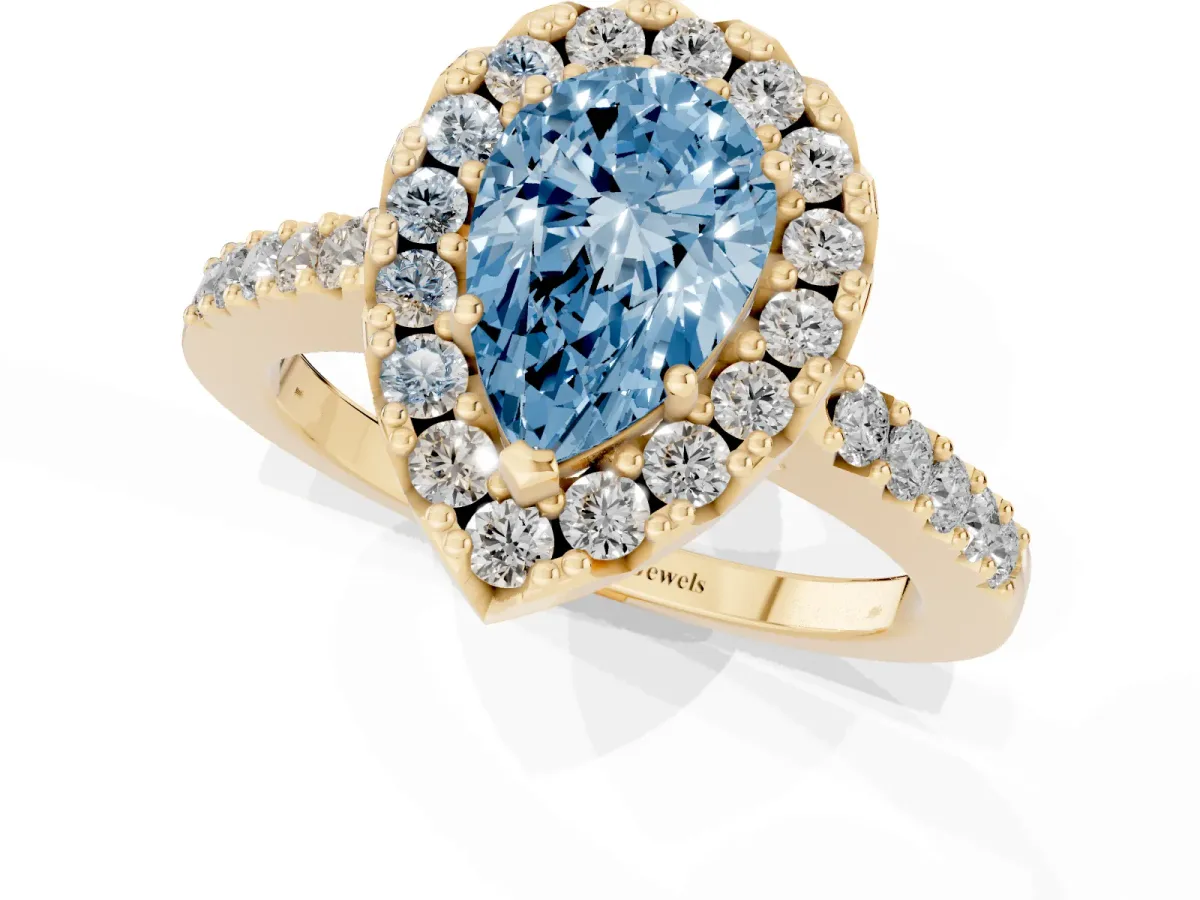 Fancy Blue Pear Cut Halo Diamond Pavé Solitaire Ring Yellow gold