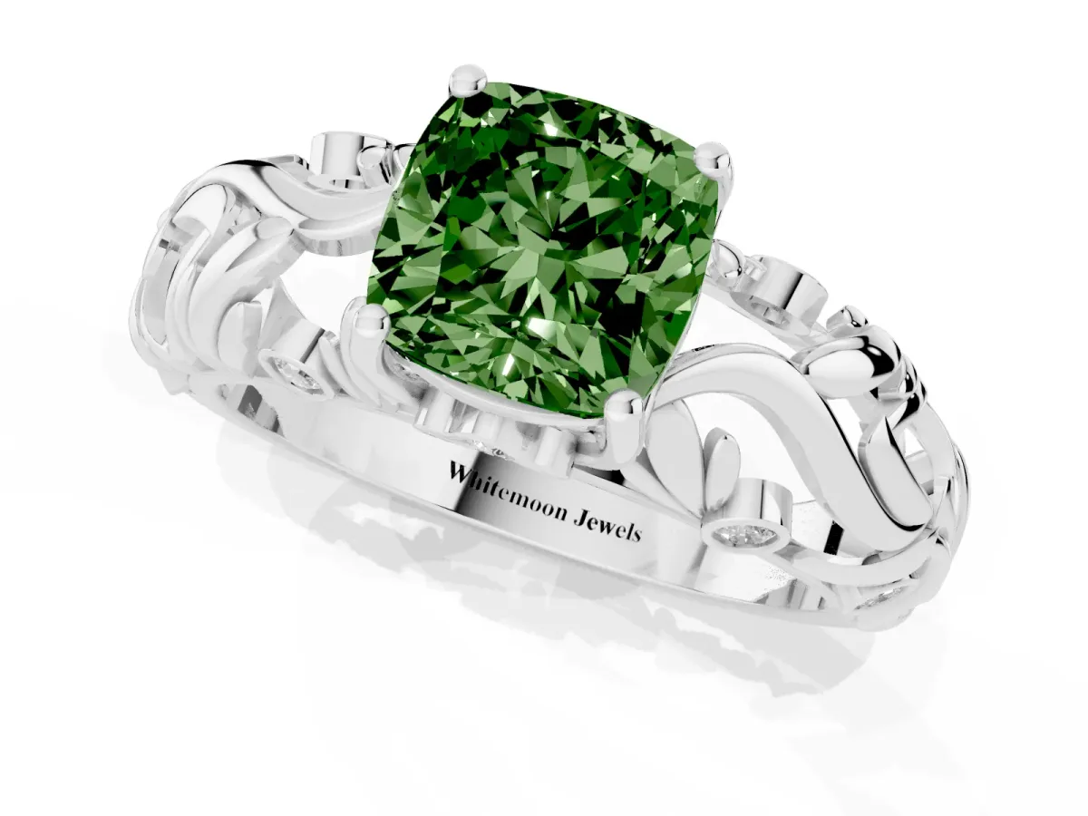 Fancy Green Cushion Cut Solitaire Diamond Leaf-Inspired Vine Band Ring with Prong Setting Platinum