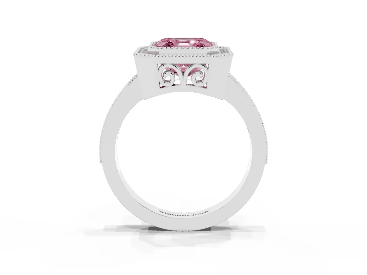 Fancy Pink Asscher Cut Cut Halo Diamond Ring with Pavé Band and Milgrain Prong Setting Silver