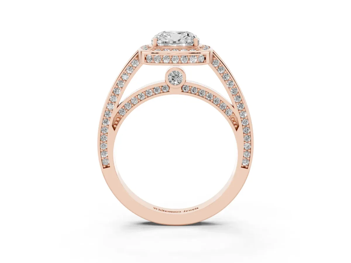 Cushion Cut Cut Halo Pave Split Shank Prong Setting Ring Rose gold